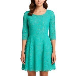 Eliza J Tropics Tone Aqua Blue Green Fit & Flare Lace Dress Wedding Summer SZ 10